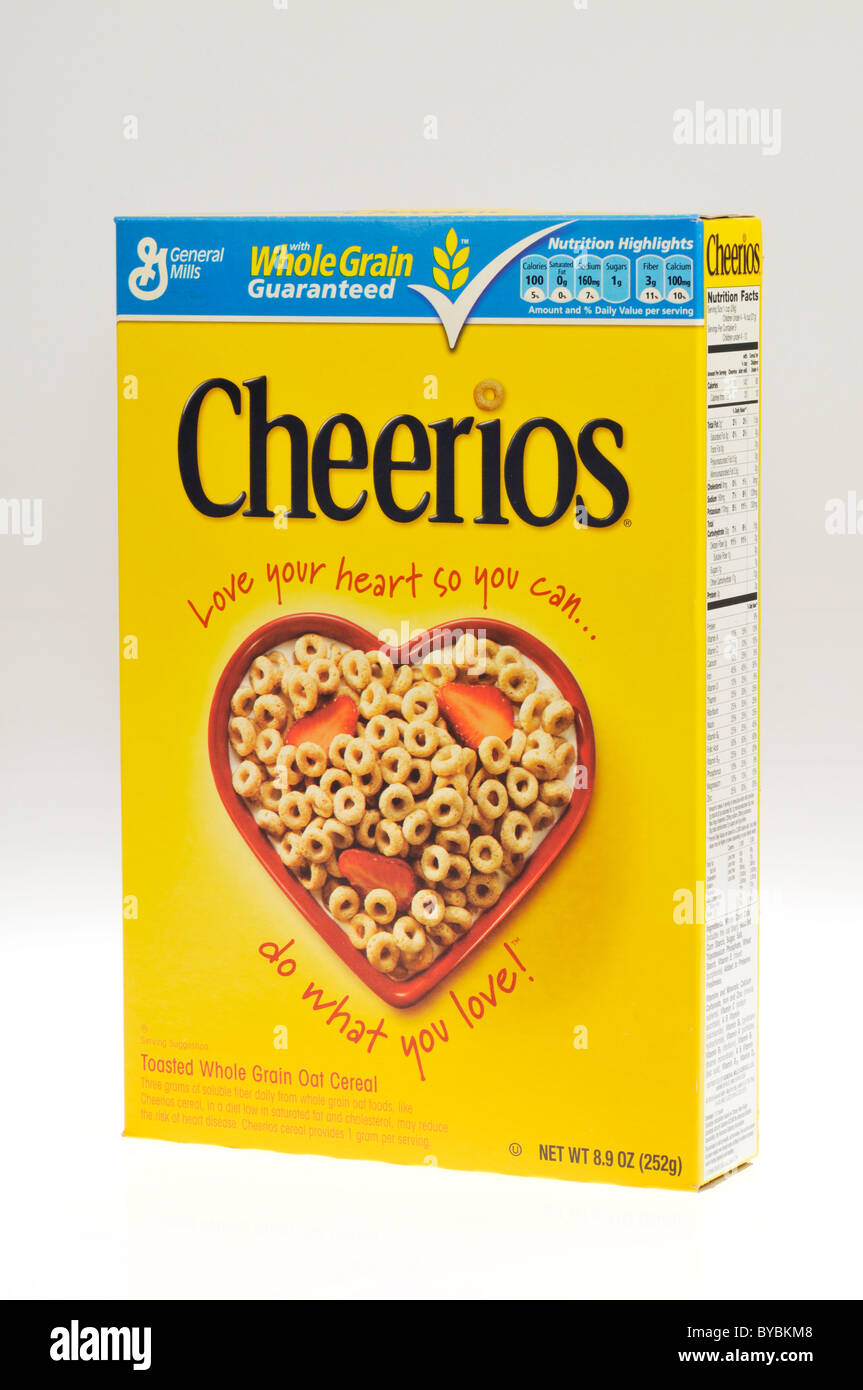 A box of General Mills Cheerios breakfast cereal on white background, cutout. Stock Photo