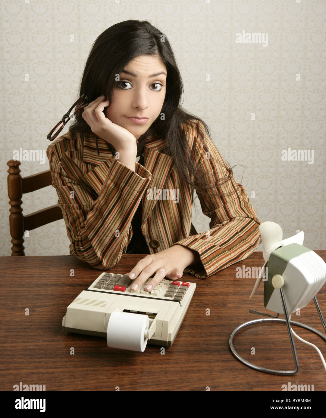 Accountant retro woman calculator bad sales reports negative expression Stock Photo Alamy