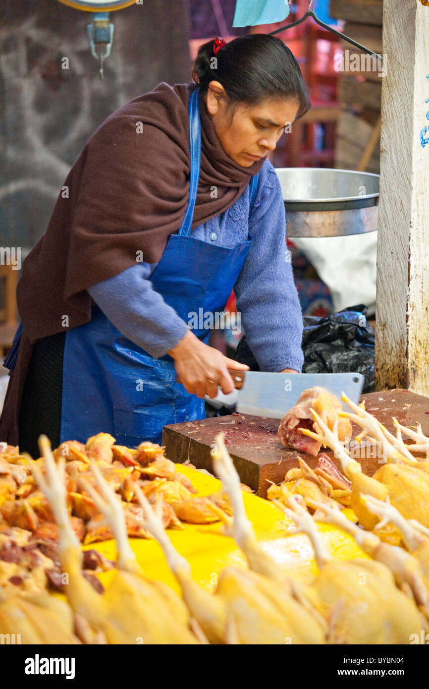 Chicken vendor, Mercado Municipal, San Cristobal de las Casas, Chiapas, Mexico Stock Photo