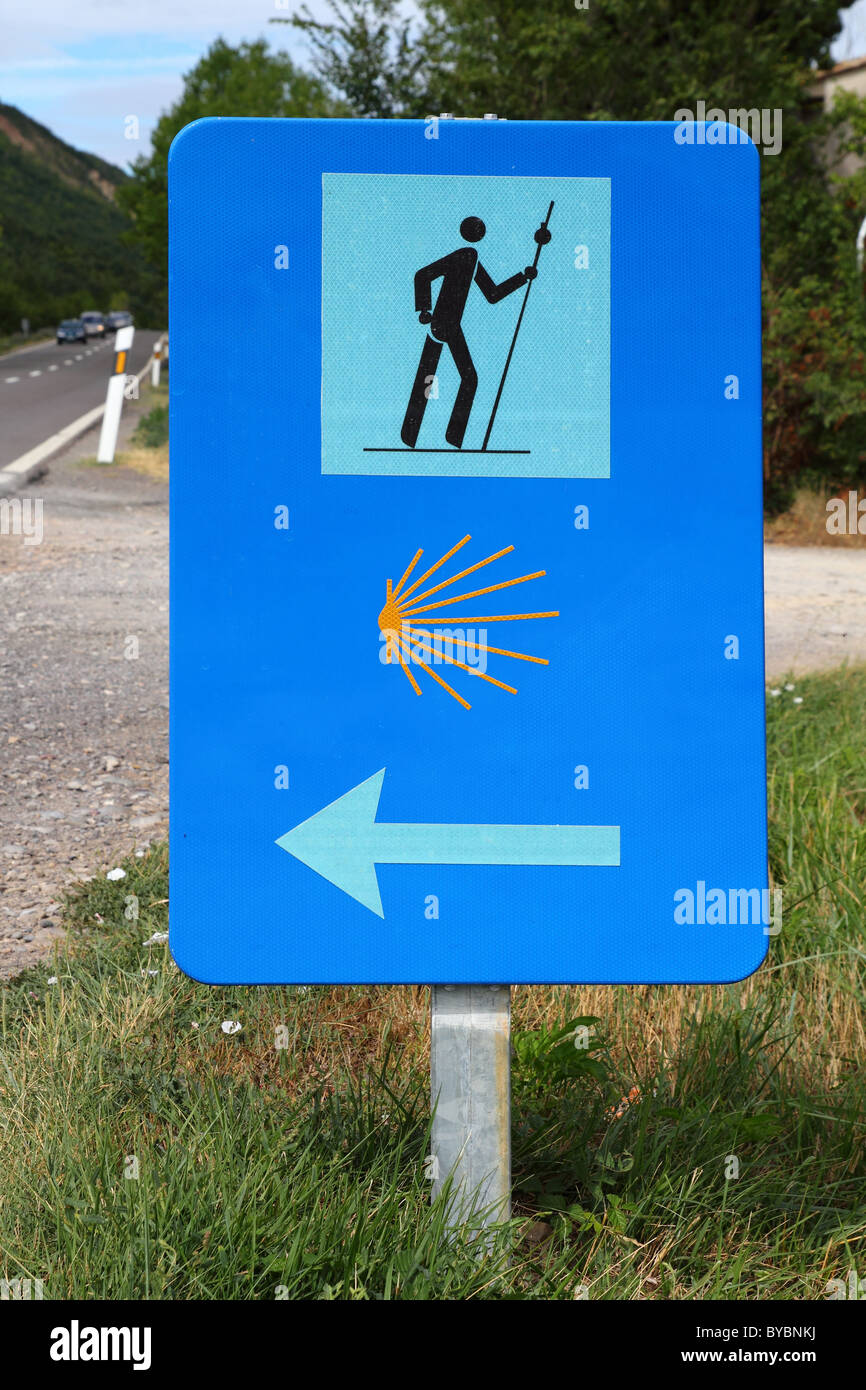 pilgrim road sign pedestrian track in way of saint James Spain Pyrenees Stock Photo