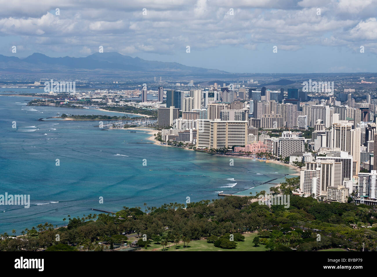 Honolulu and Waikiki Beach. Cityscape of Honolulu with Waikiki and its famous beach in the foreground Stock Photo