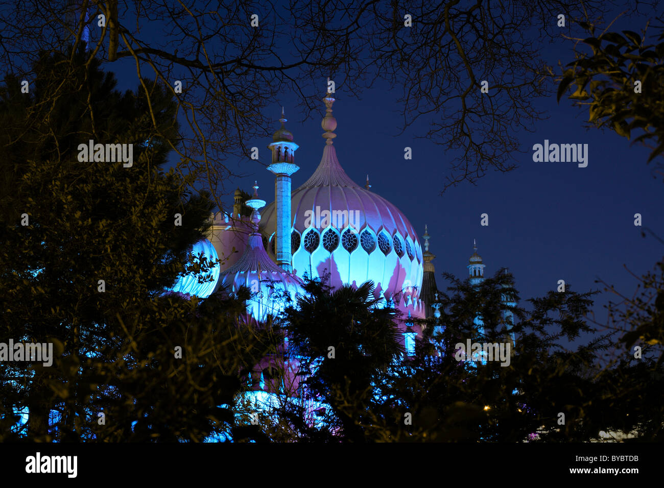 Brighton Pavilion lit up by blue lighting during the Christmas period 2010. Stock Photo
