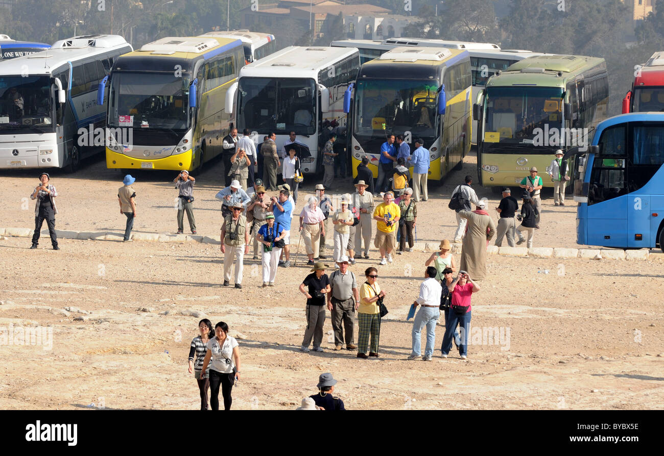 Tourist buses and tourists in Giza, Egypt. Stock Photo