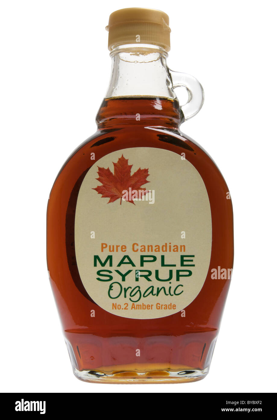 Bottle of maple syrup on white background Stock Photo