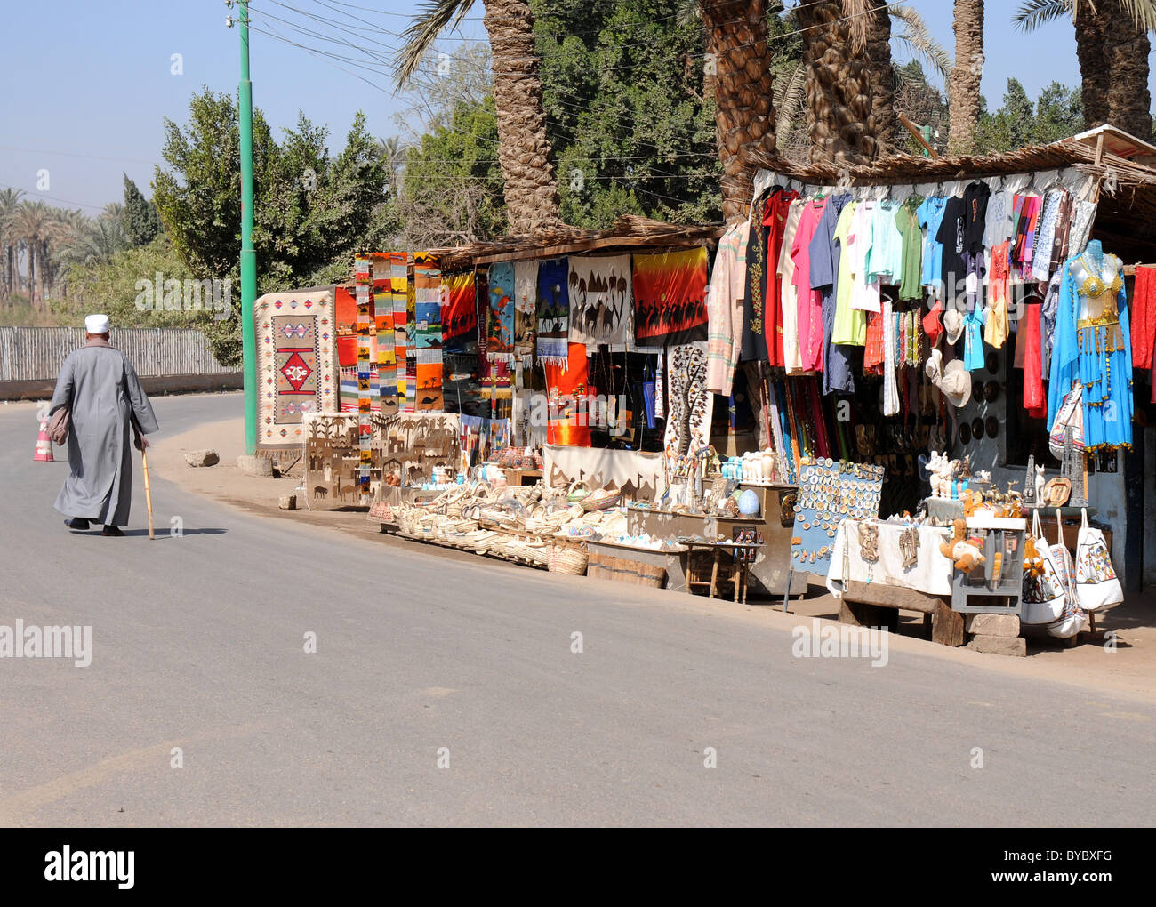 Memphis, Egypt, street scene with stalls at Memphis, Egypt. Stock Photo