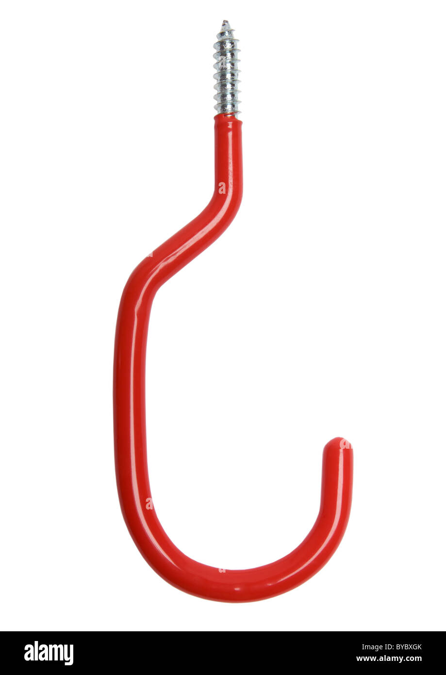 Red plastic coated steel ceiling storage hook on white background Stock Photo