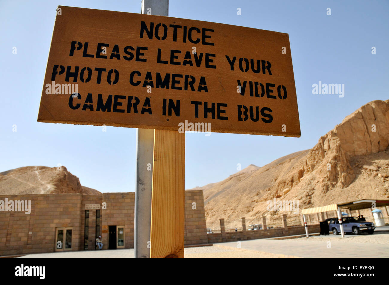 Notice not allowing cameras or video cameras at The Valley of the Kings in Egypt Stock Photo