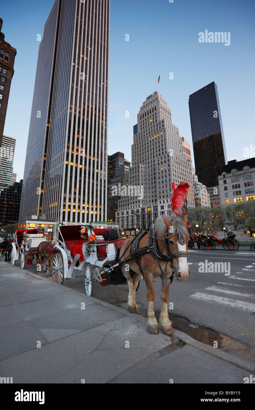 Hors with carriage in front of Chrysler building, New York Stock Photo