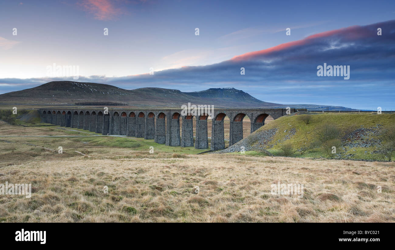 Panoramic view towards Ingleborough Hill from The Ribblehead Viaduct at Batty Moss or Blea Moor Ribblesdale Yorkshire Dales UK Stock Photo