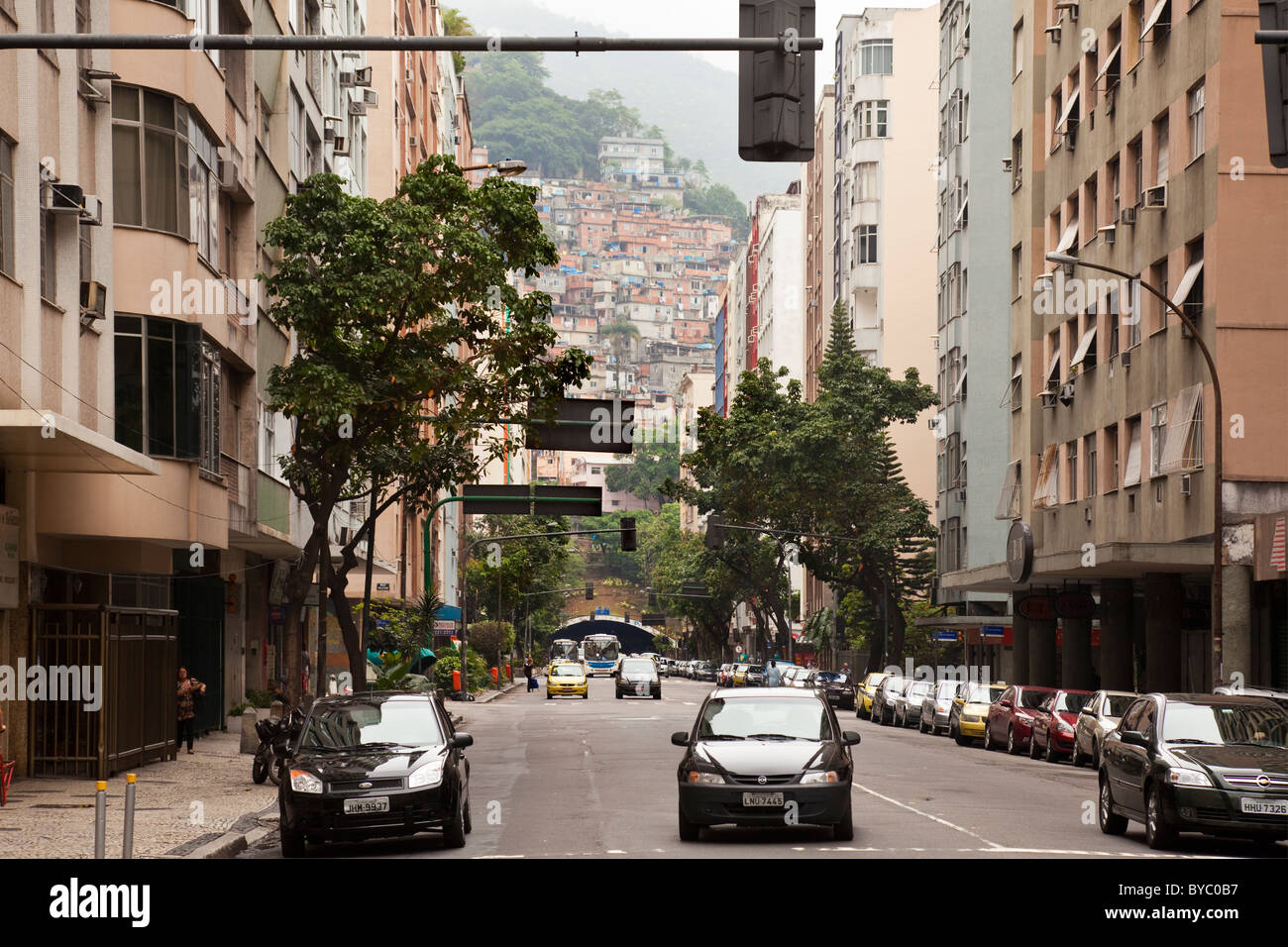 City view of Rio de Janeiro, showing Favelas or Shanty Town on hillside in background. Rio de Janeiro, Brazil, South America. Stock Photo