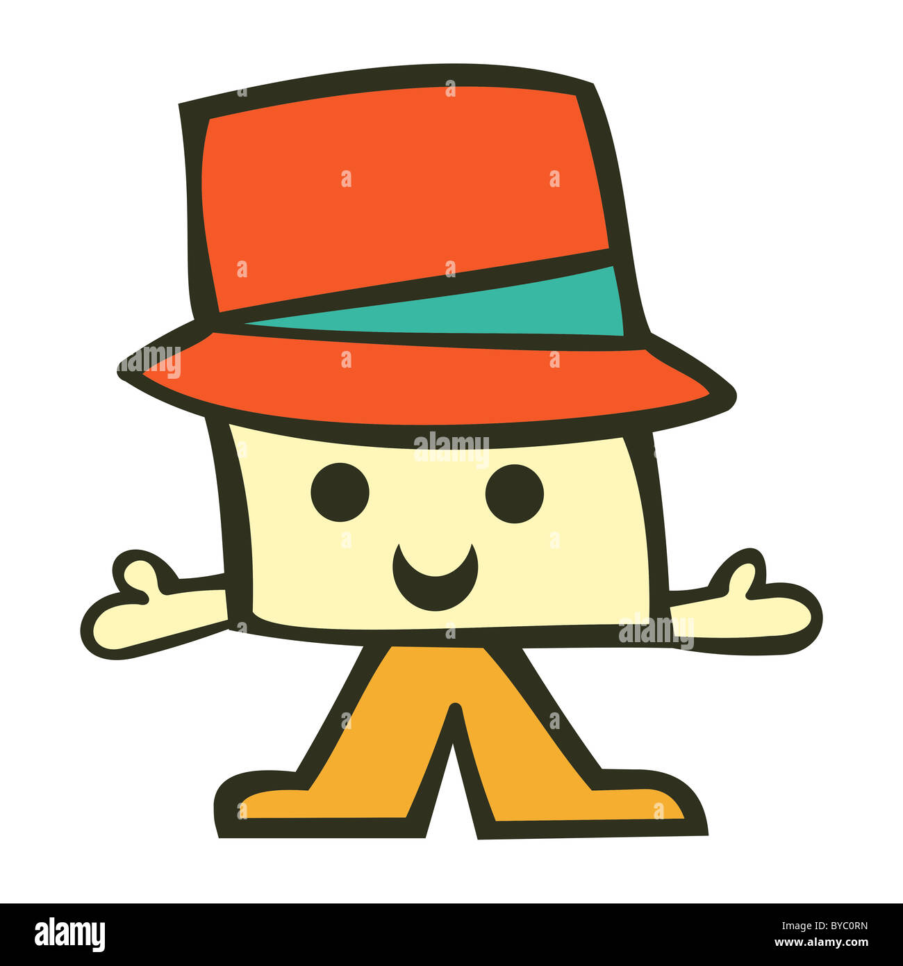 Friendly boy with open arms and a funny red hat. Suitable for comic or cartoon character. Vector available Stock Photo