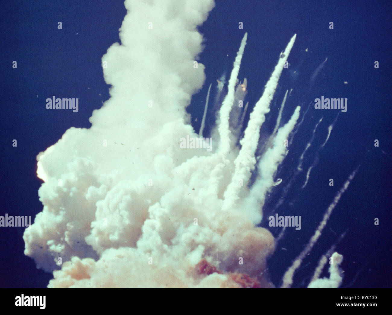 Challenger disaster, Space Shuttle Challenger explodes shortly after take off. Stock Photo