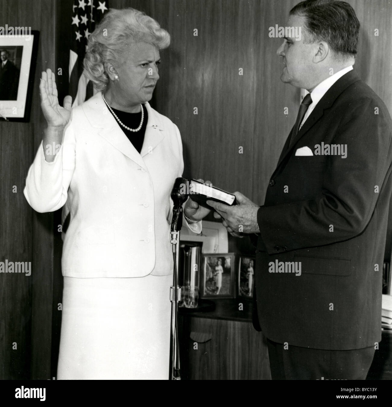 Jacqueline Cochran, first woman aviator to break the sound barrier is sworn in as a NASA consultant. Stock Photo
