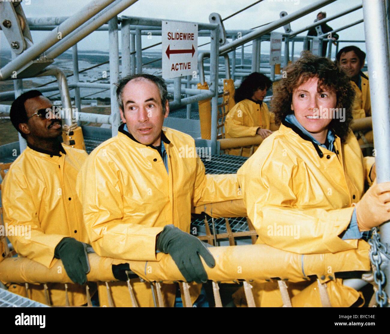 Challenger flight crew, Ronald McNair, Gregory Jarvis and Christa McAuliffe. Behind are Judy Resnik and Ellison Onizuka. Stock Photo