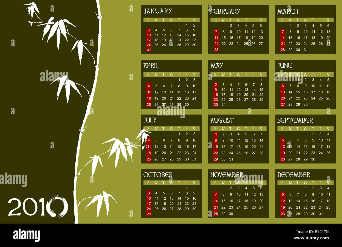 Calendar showing all months of 2010. Zen background. Vector available Stock Photo