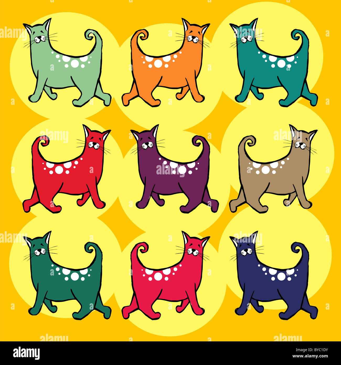 Colorful cats with curly tail pattern. Yellow background Stock Photo ...