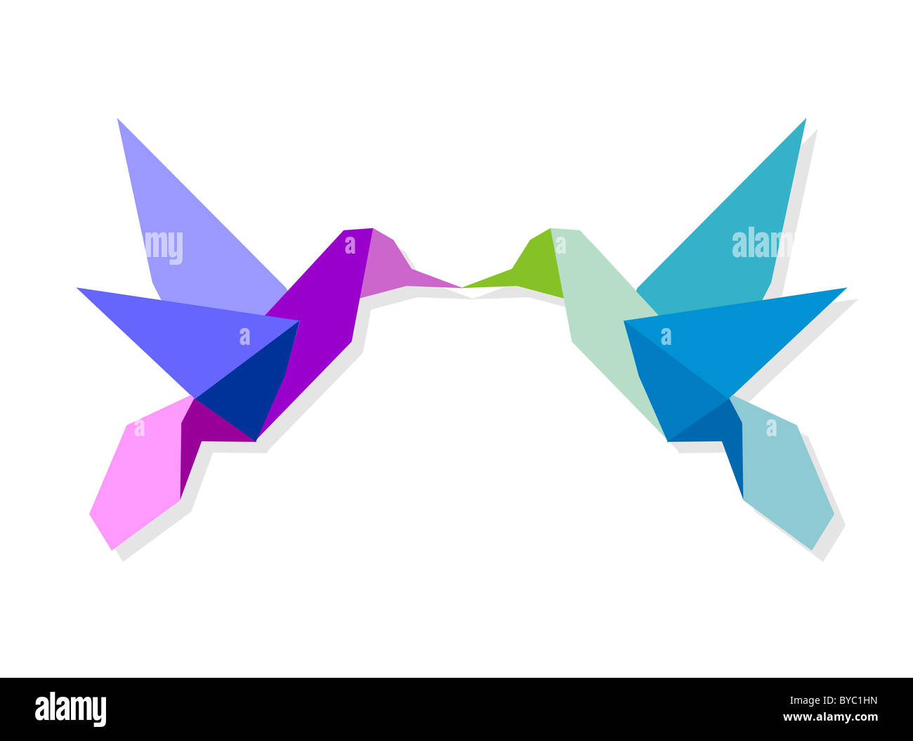 Couple of Origami vibrant colors hummingbird giving a kiss. Vector file available. Stock Photo