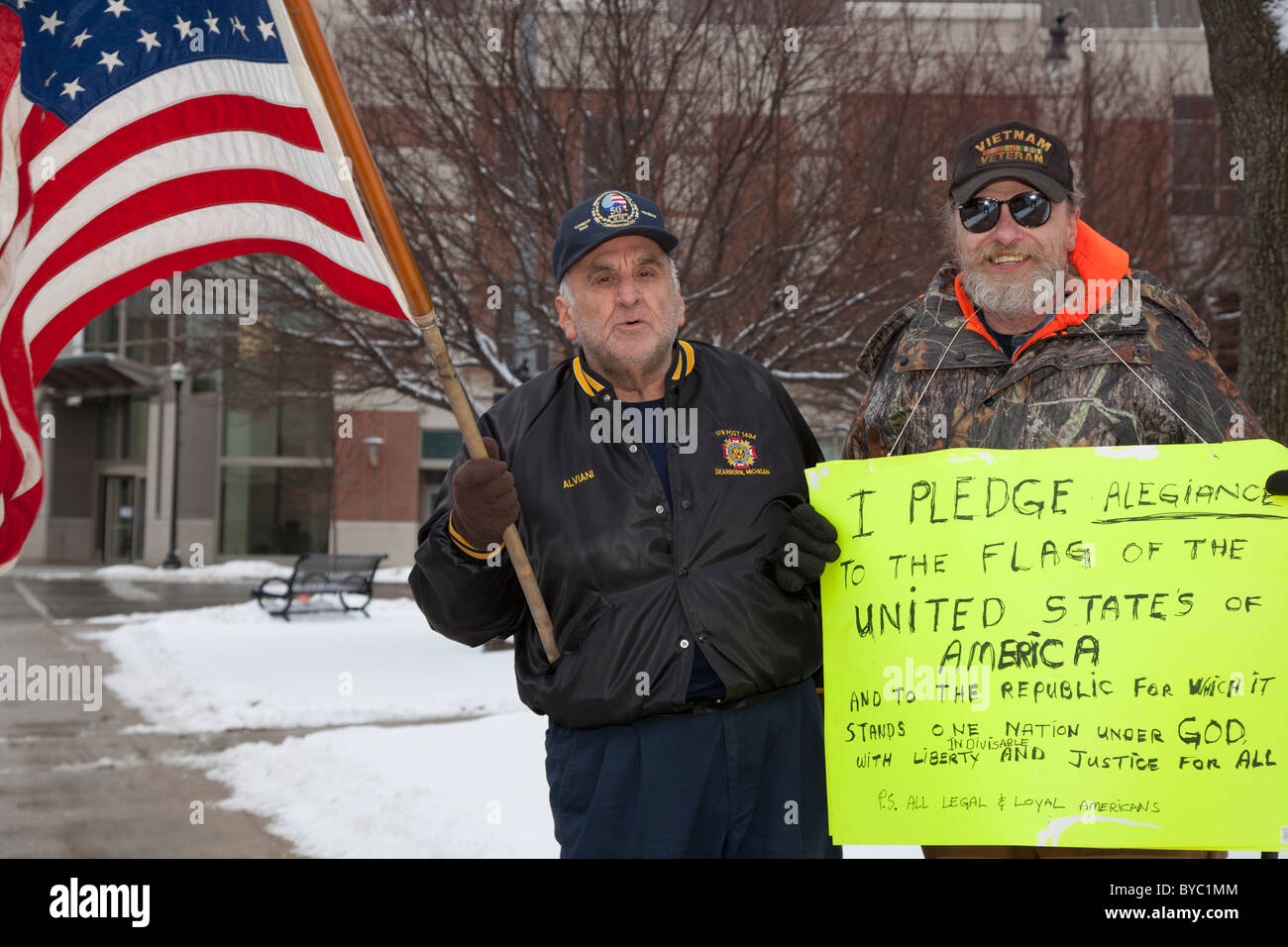 White American Men Protest Arab-American Rally in Dearborn, Michigan Stock Photo