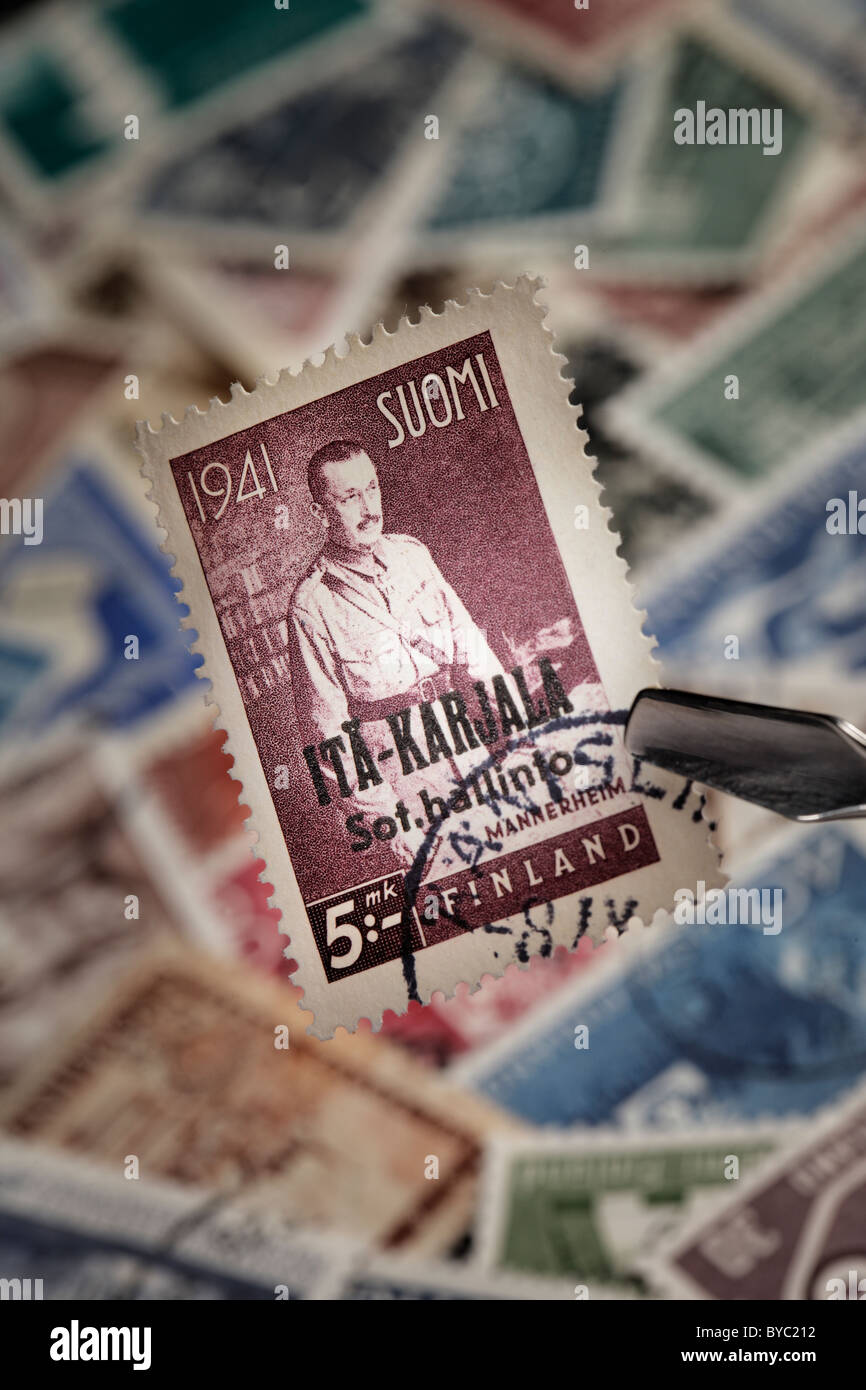 Finnish wartime stamp 1941 with 'East Karelia' overprint and Marshal Mannerheim Stock Photo