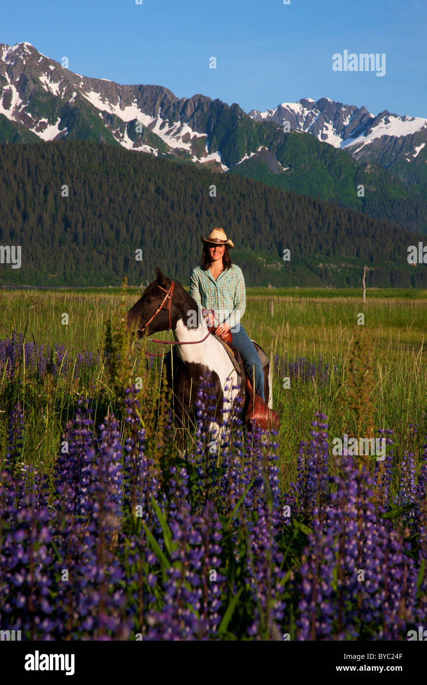 Horseback riding near Resurrection Bay, Seward, Alaska. Stock Photo