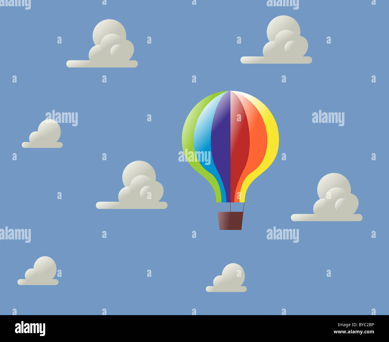 One colorful balloon flying in a blue sky with clouds illustration ...