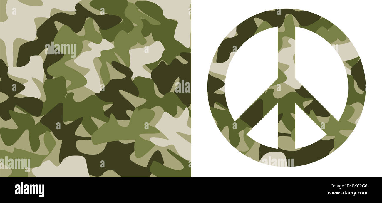 Camouflage pattern and peace symbol with the same texture over white background Stock Photo