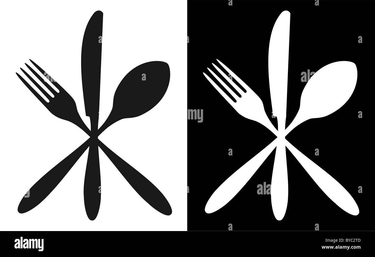 Cutlery icons. Fork, knife and spoon silhouettes on black and white backgrounds. Vector available. Stock Photo