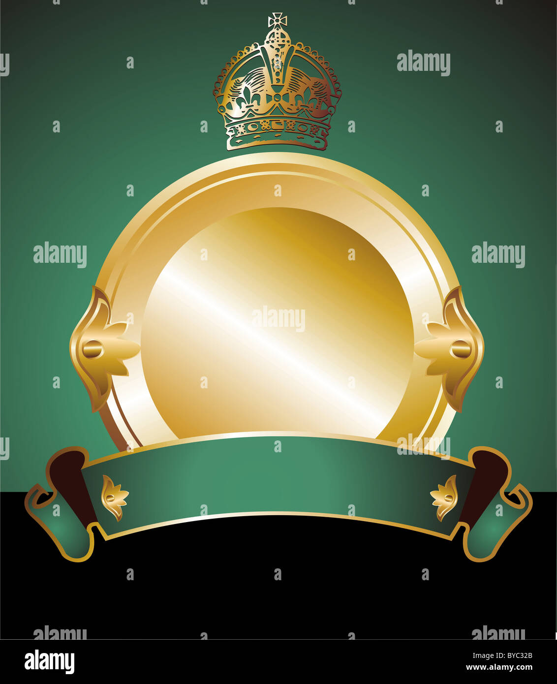 Round golden label with crown and winged band on green background Stock Photo