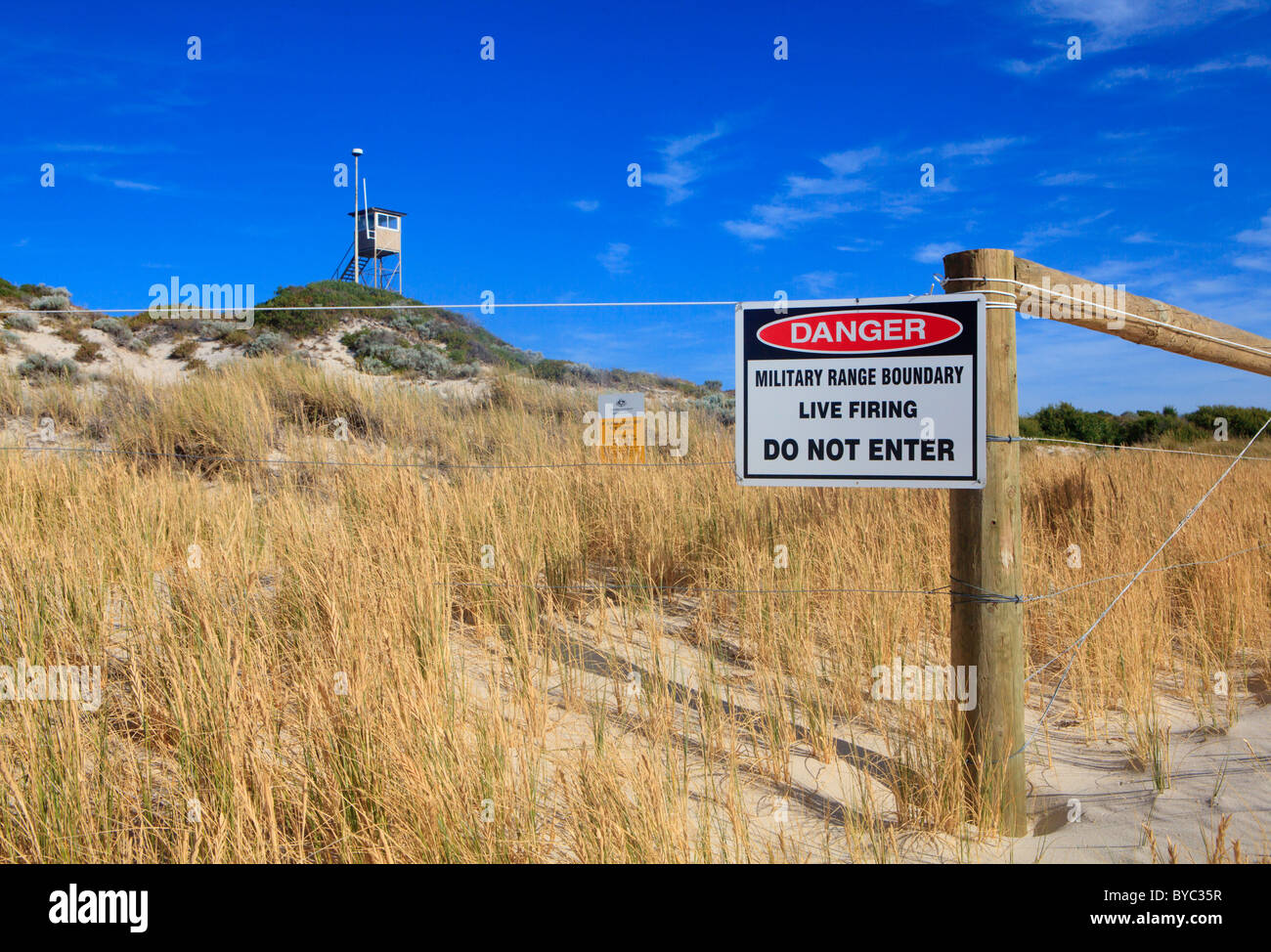 Live Firing Danger sign and Lookout Tower at Campbell Barracks in Swanbourne, Perth, Western Australia Stock Photo