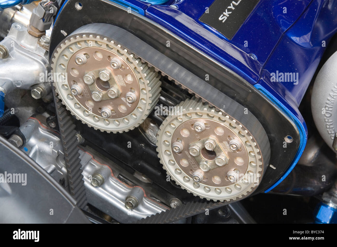 High performance adjustable camshaft gears on a heavily modified Nissan RB26DET engine. Stock Photo