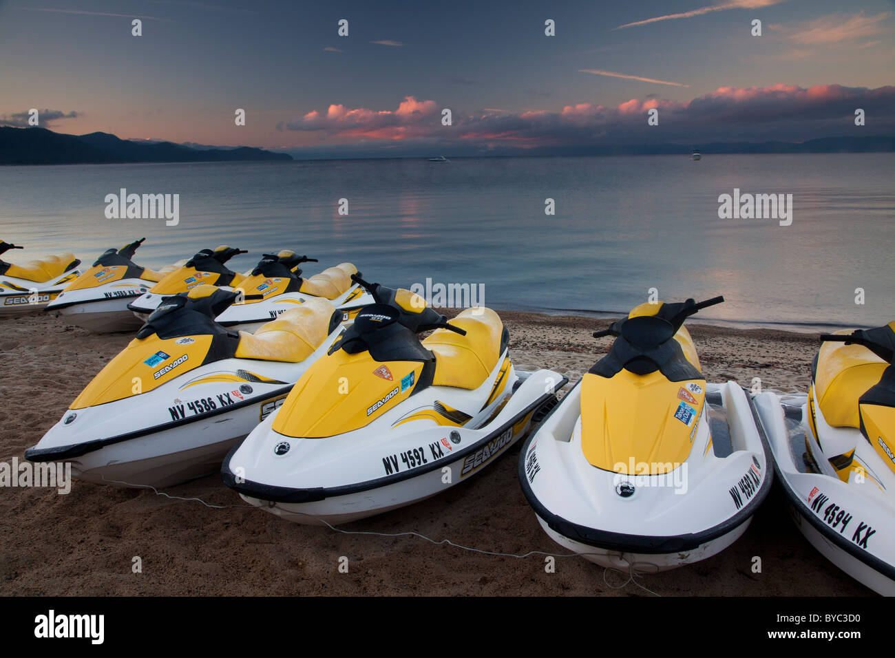 Jet skis on beach at Lake Tahoe, Nevada Stock Photo Alamy