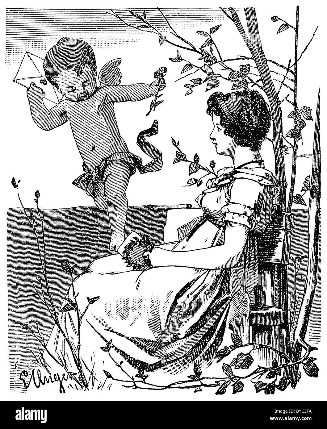 1882 engraving, Cherub delivering love-letter to waiting girl Stock Photo