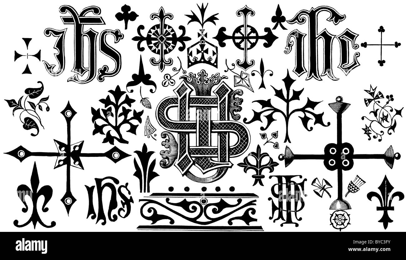 Victorian illustration of Christian monograms (e.g. IHS), gothic crosses and other mediaeval religious and sacred symbols. Stock Photo