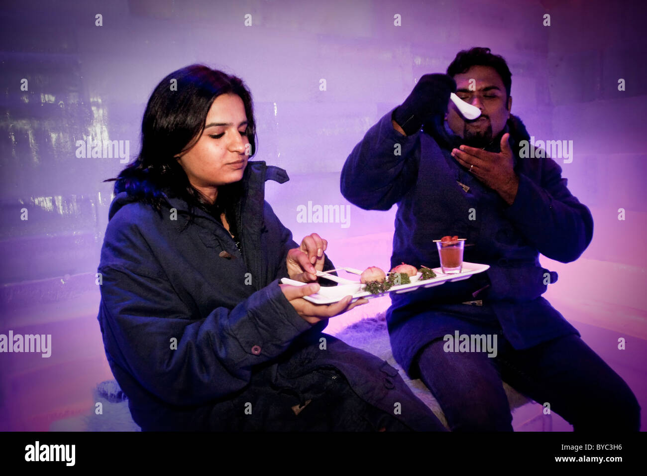 Guests eat food at the nightclub 21 Fahrenheit, India's first ice bar, in Mumbai (Bombay) in India Stock Photo