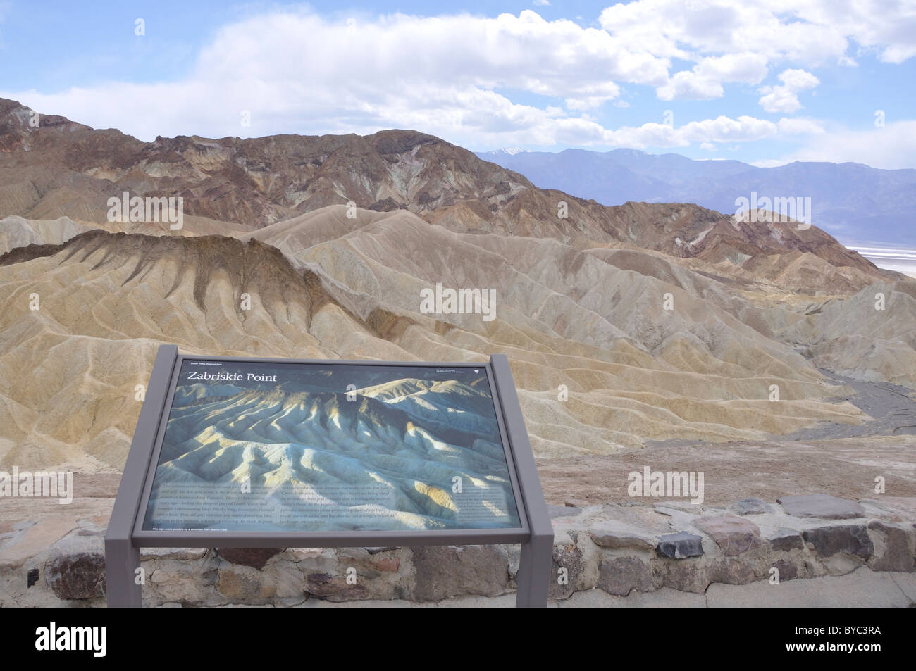 Zabriskie Point sign and tourist information stand, Death Valley National Park, California, USA