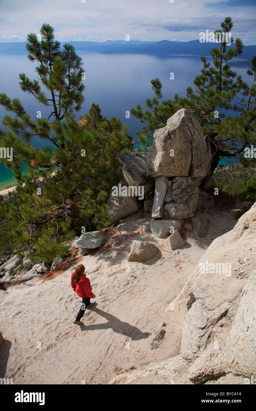 Hiking on the Flume Trail, Lake Tahoe, NV (model released) Stock Photo