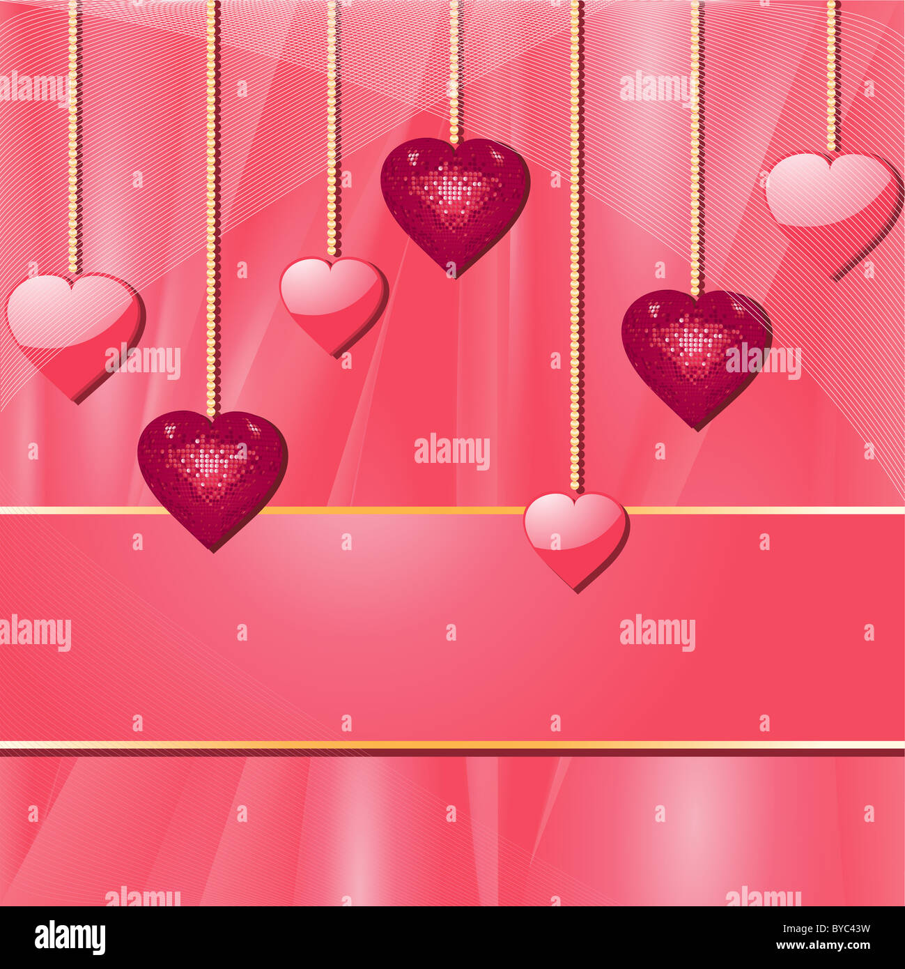 Sparkling pink valentine hearts and banner on a silk background Stock Photo