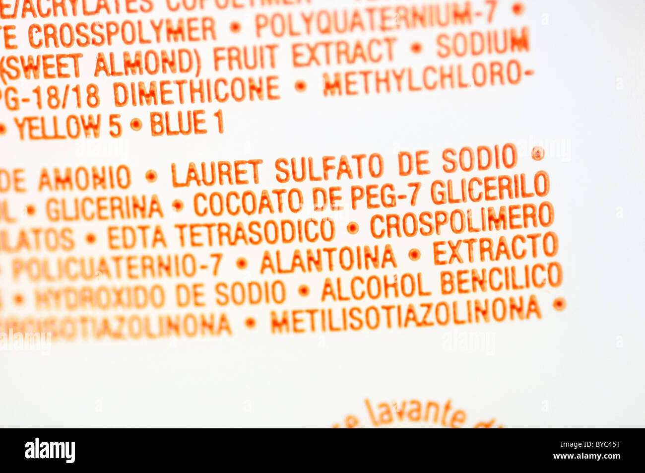 Ingredient list on liquid body soap Stock Photo Alamy