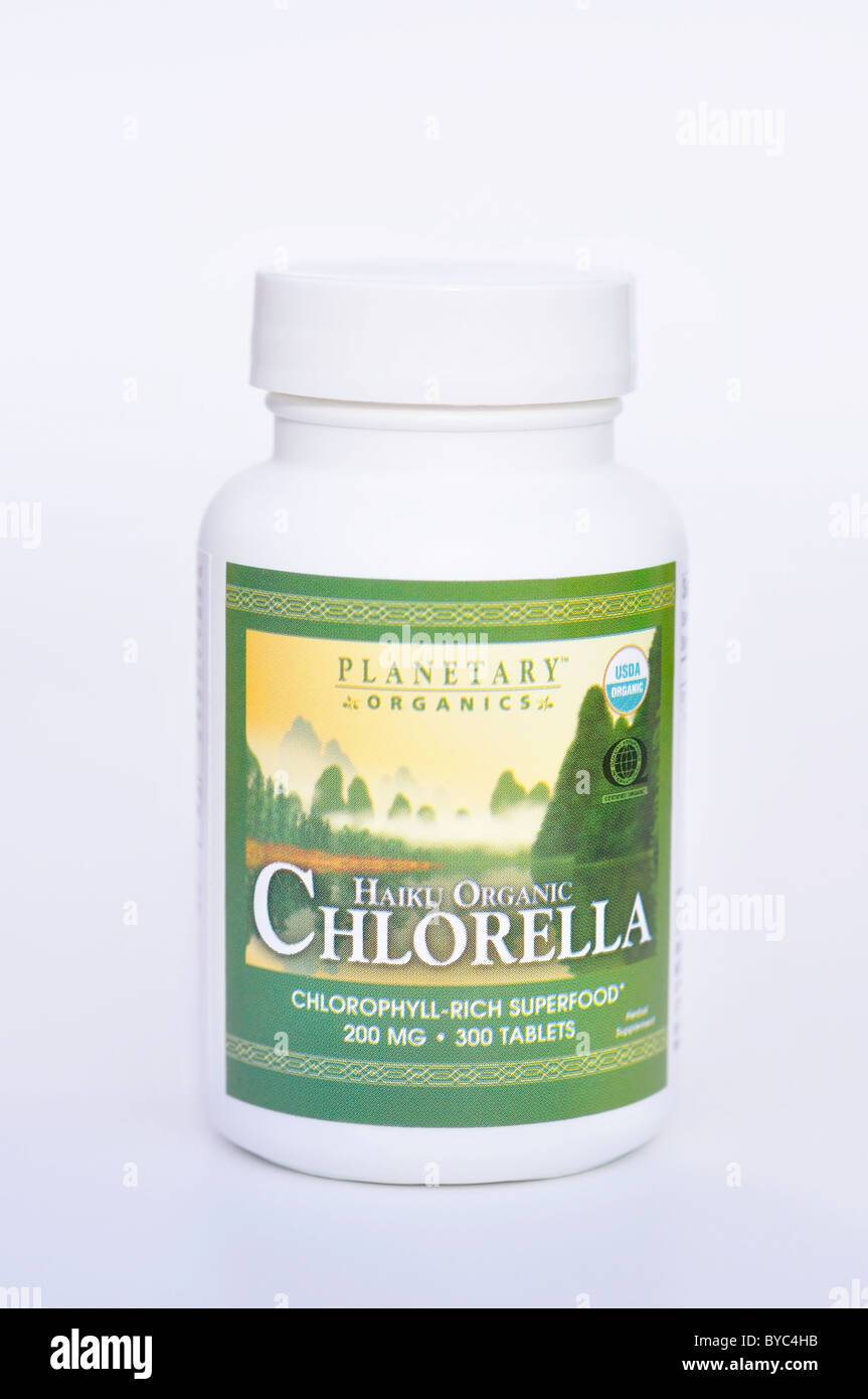 Dietary supplements - chlorella tabs Stock Photo