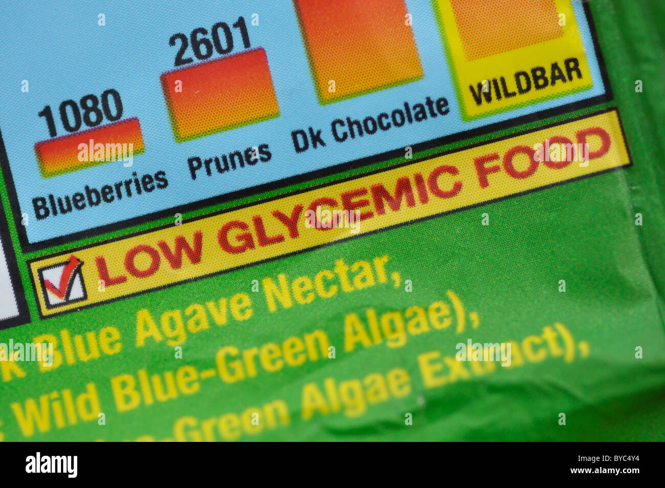 Low Glycemic Food written on raw chocolate bar package Stock Photo