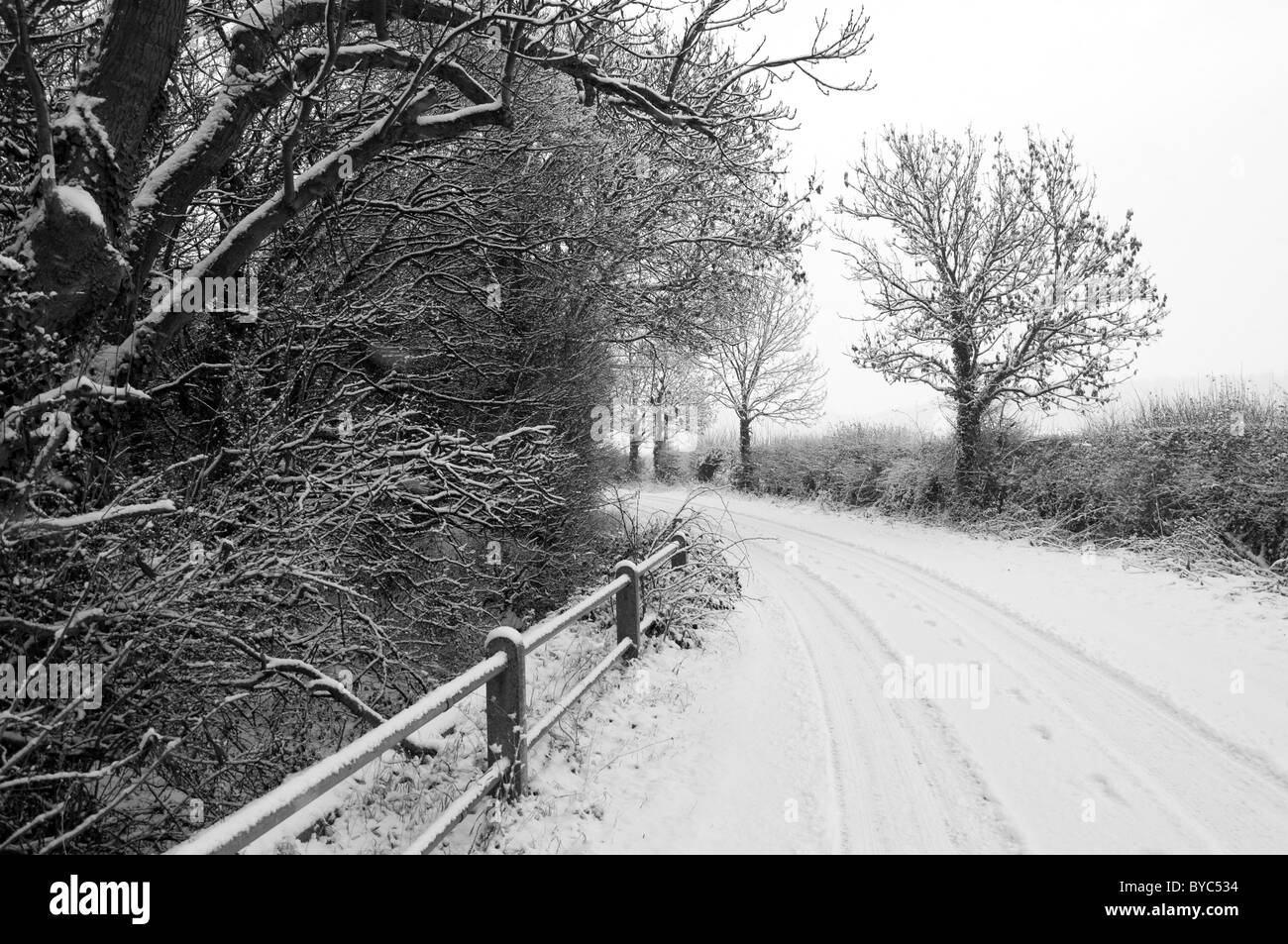 Snow covered country lane, Bunny, Nottingham, England Stock Photo