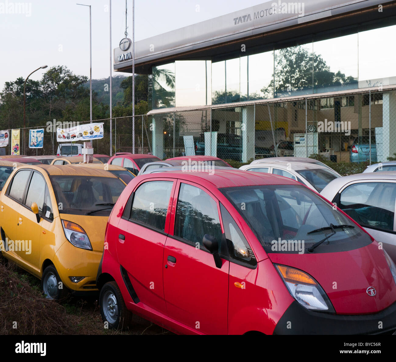 Tata Nano cars at a Tata Motors car showroom in India Stock Photo