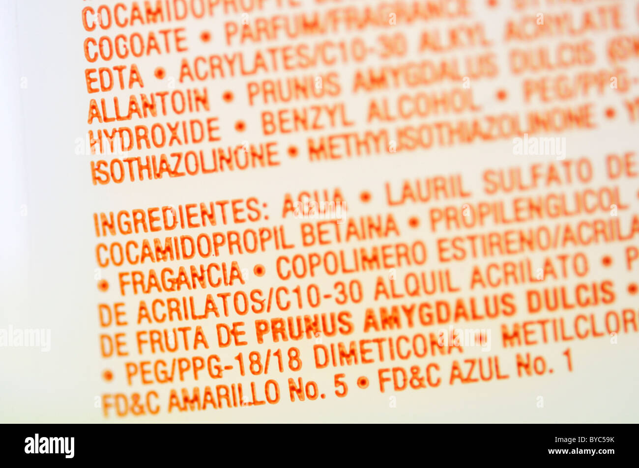 Ingredient list on liquid body soap English and Spanish Stock Photo