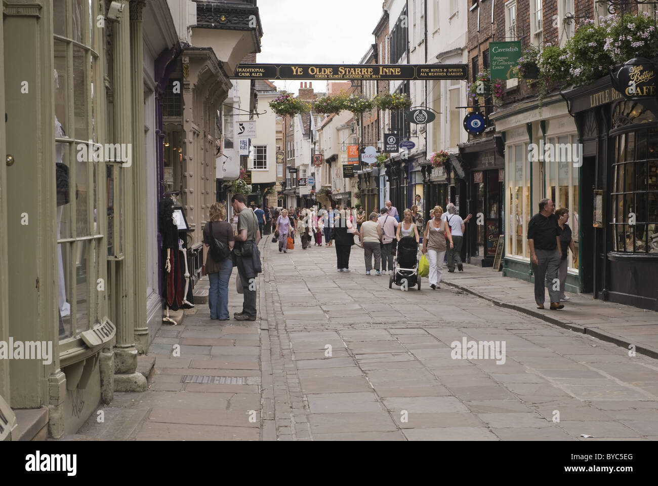 A view looking down a rather busy Stonegate, York. Stock Photo