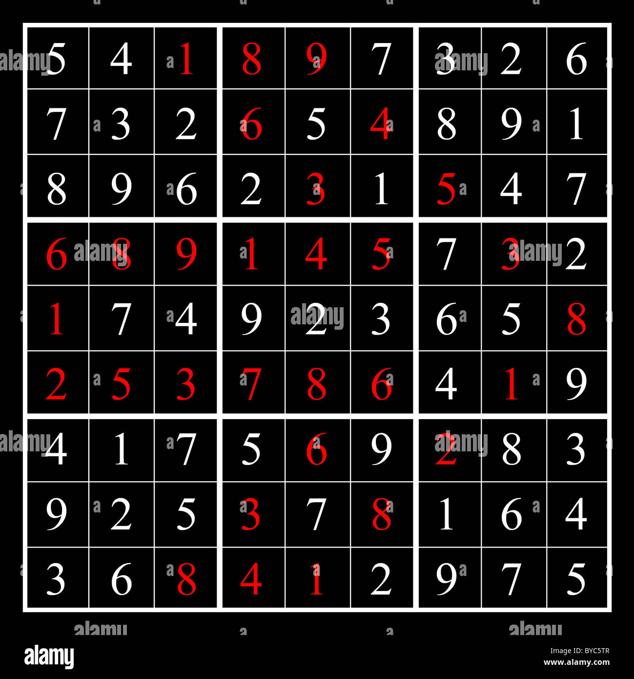 This is the solution to a sudoku puzzle - on Alamy as BYC5TN - in the form of a right facing arrow, as shown by the red numbers. Stock Photo