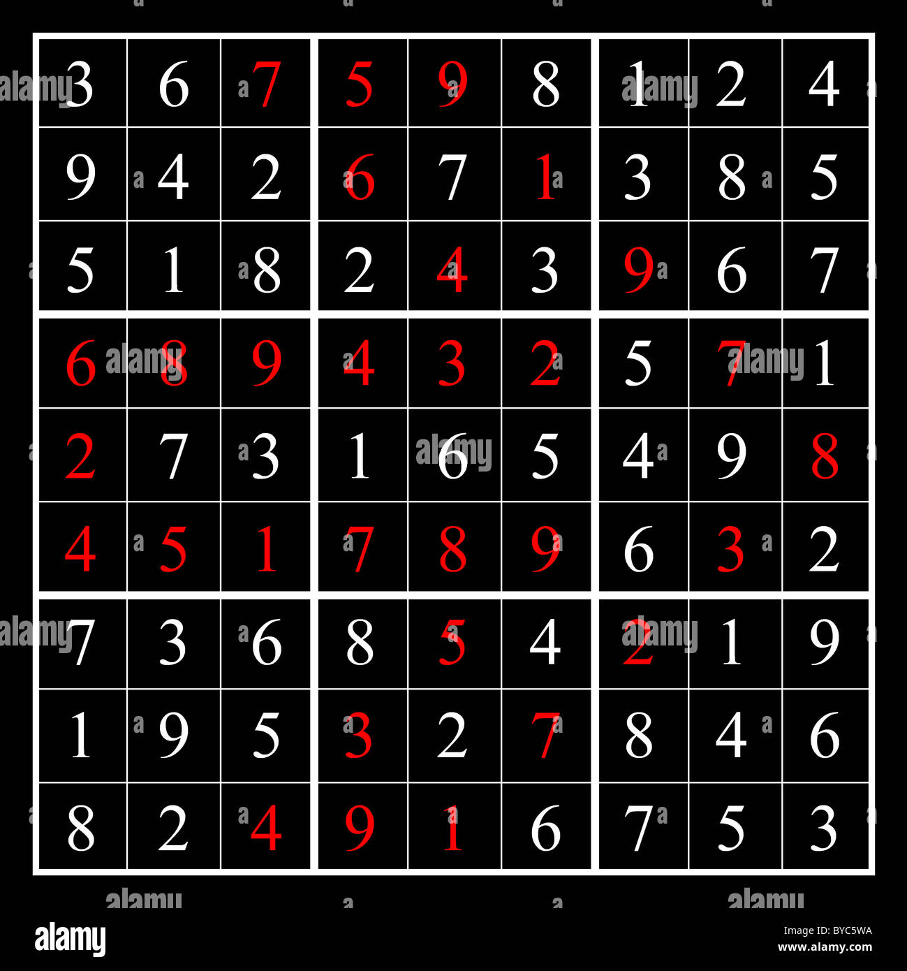 This is the solution to a sudoku puzzle - on Alamy as BYC5WB - in the form of a right facing arrow, as shown by the red numbers. Stock Photo