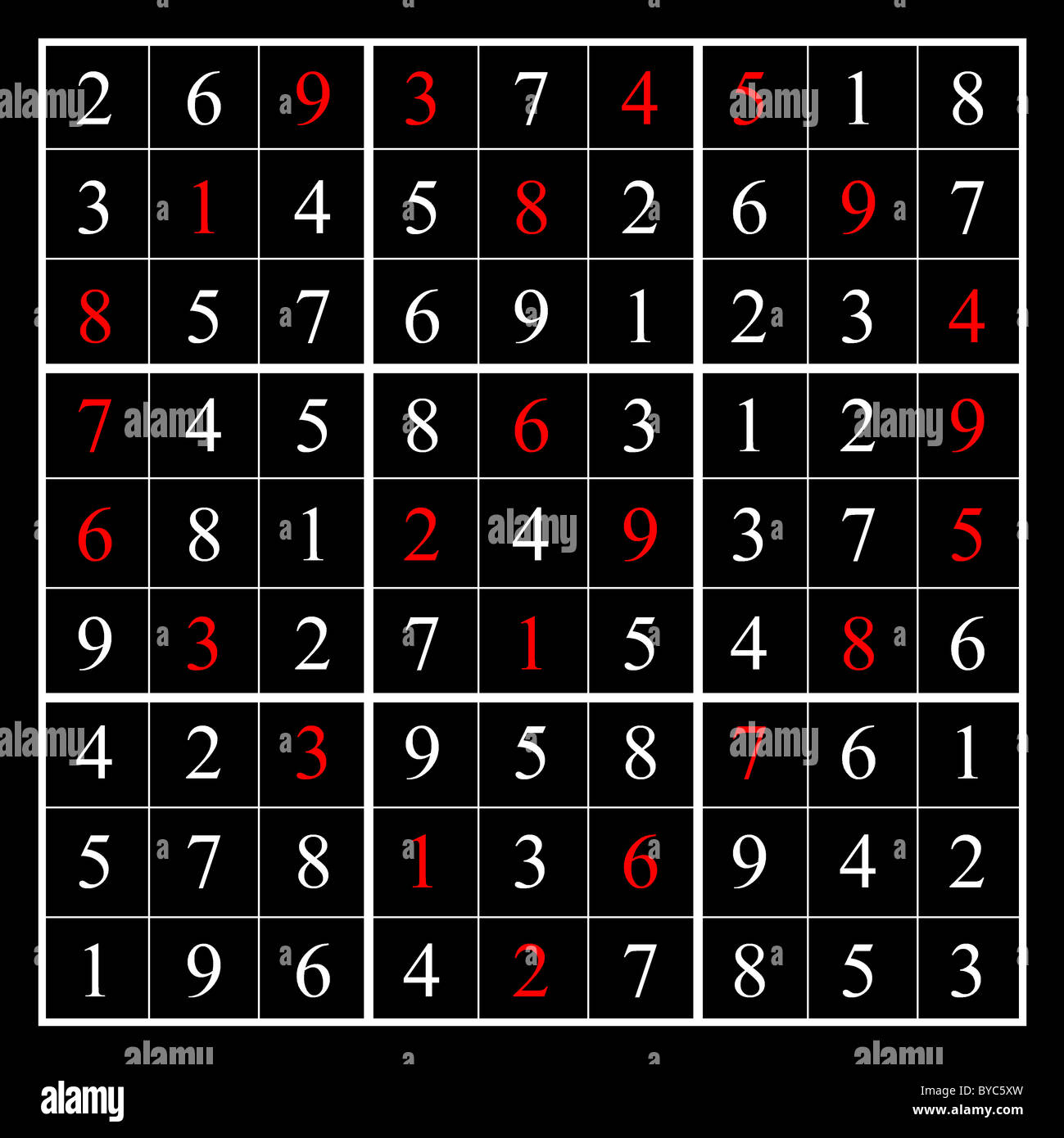 The solution to a sudoku - BYC5XP - with a layout in the form of a heart with a small diamond, as shown by the red numbers. Stock Photo