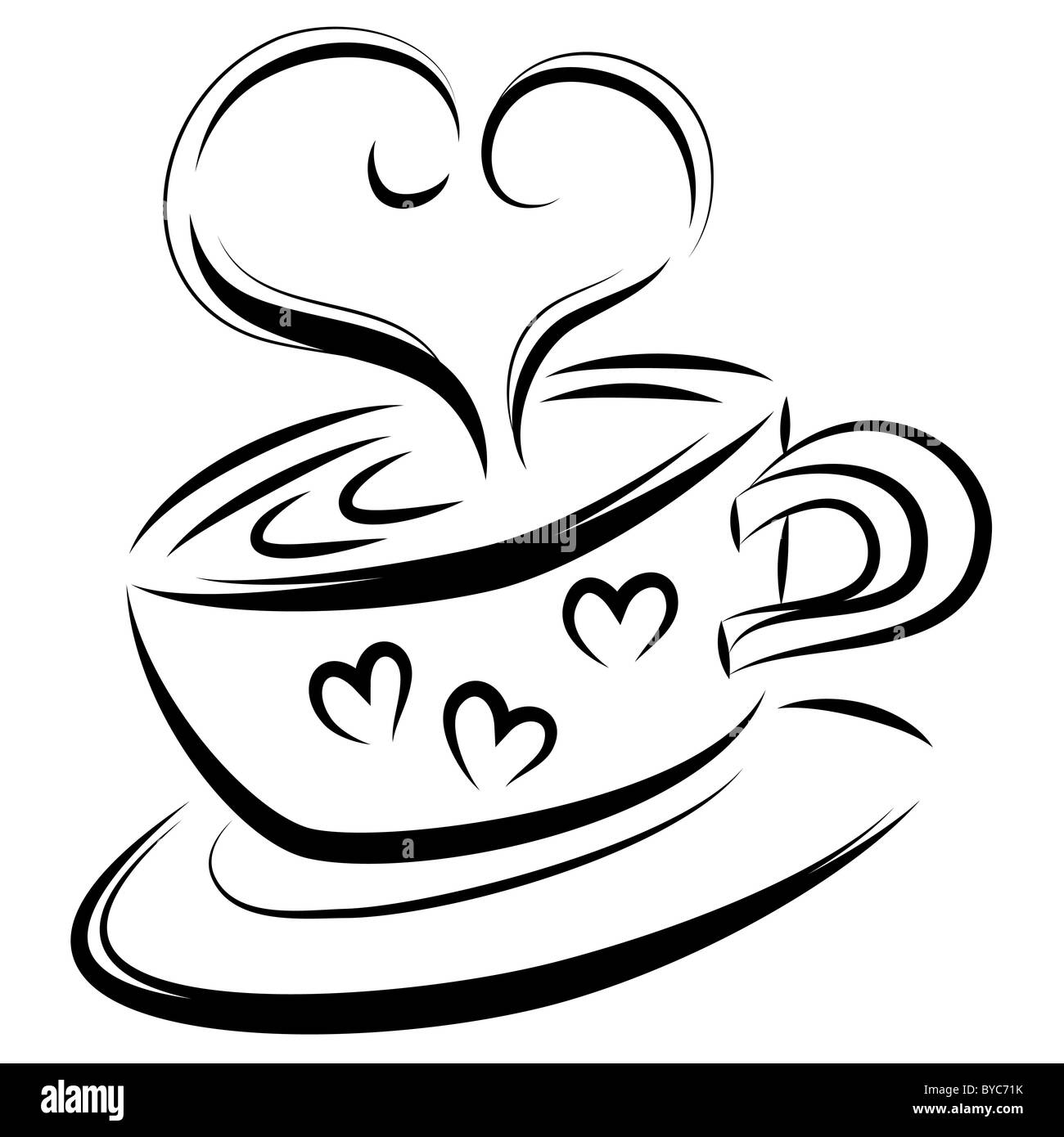 Coffee cup with heart steam, line art illustration over a