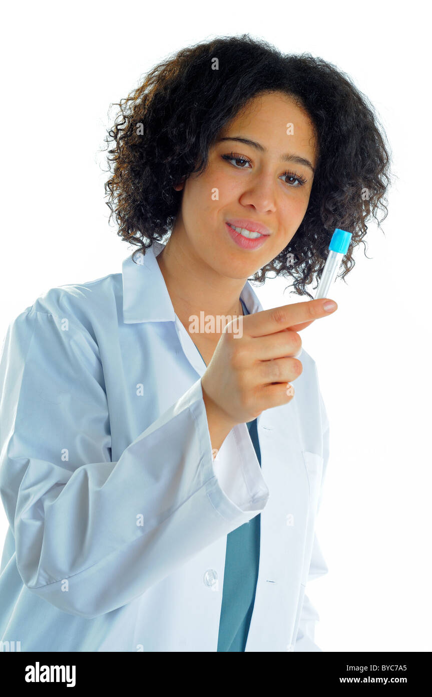 Lab Technician Holding A Test Tube Wearing A White Coat Stock Photo