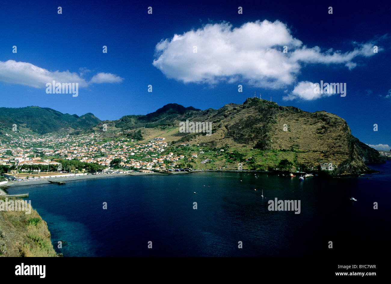 The town of Machico on Madeira's eastern coast Stock Photo